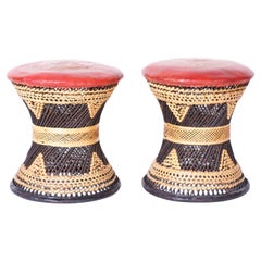 Pair of Turkish Leather and Wicker Stools or Ottomans