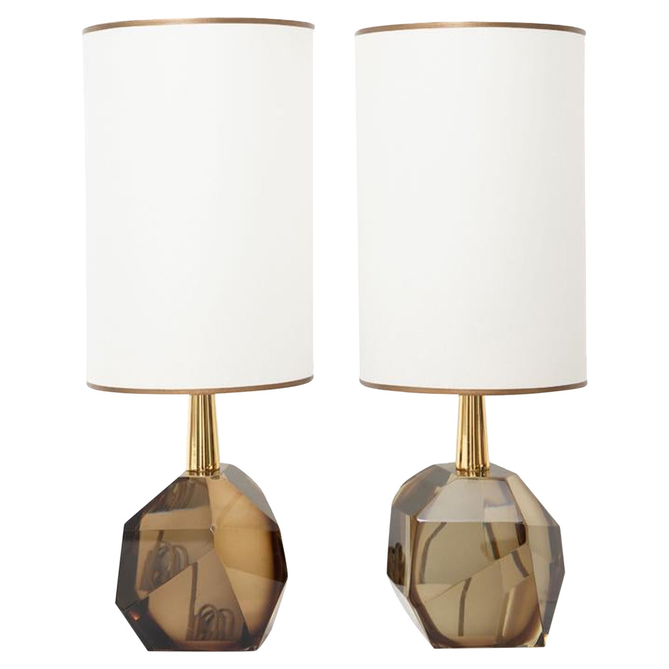 Pair of Faceted Murano Bronzed Glass Table Lamps, in Stock