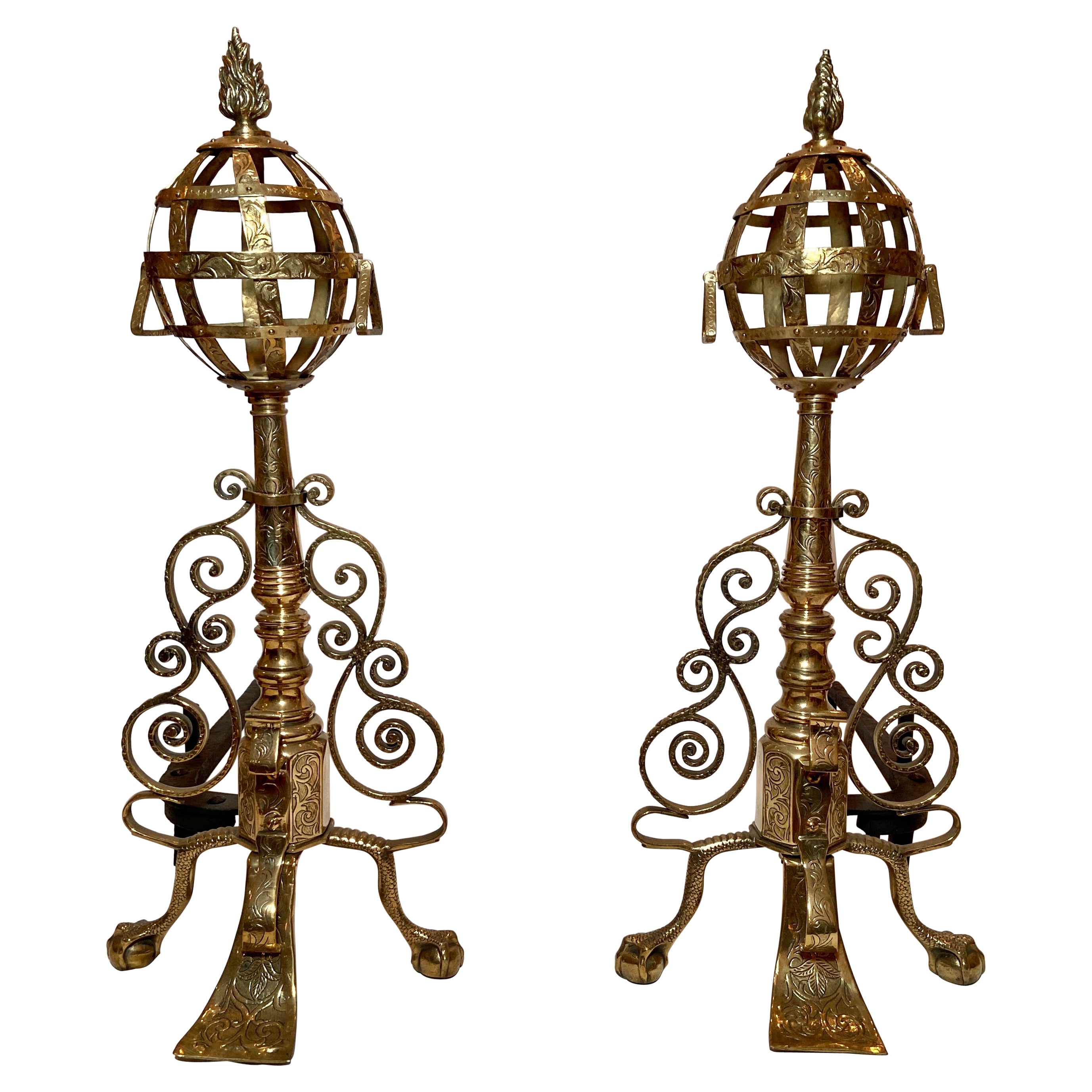 Pair Antique English Victorian Brass Andirons with Scrollwork Design, circa 1890 For Sale