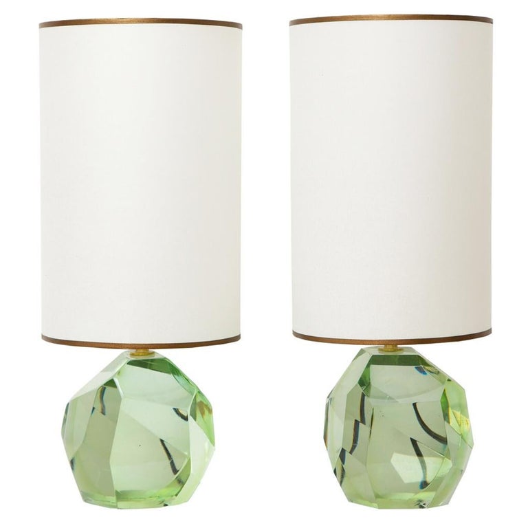 Pair of Faceted Murano Translucent Green Glass Table Lamps, in Stock For Sale