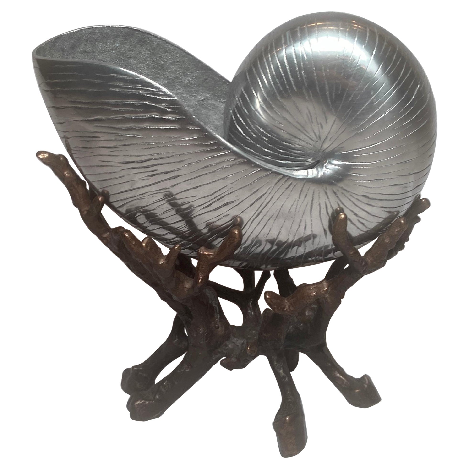 Antique Japanese Silvered Bronze Nautilus Sea Shell on Bronze Coral Stand