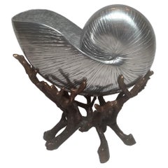 Antique Japanese Silvered Bronze Nautilus Sea Shell on Bronze Coral Stand