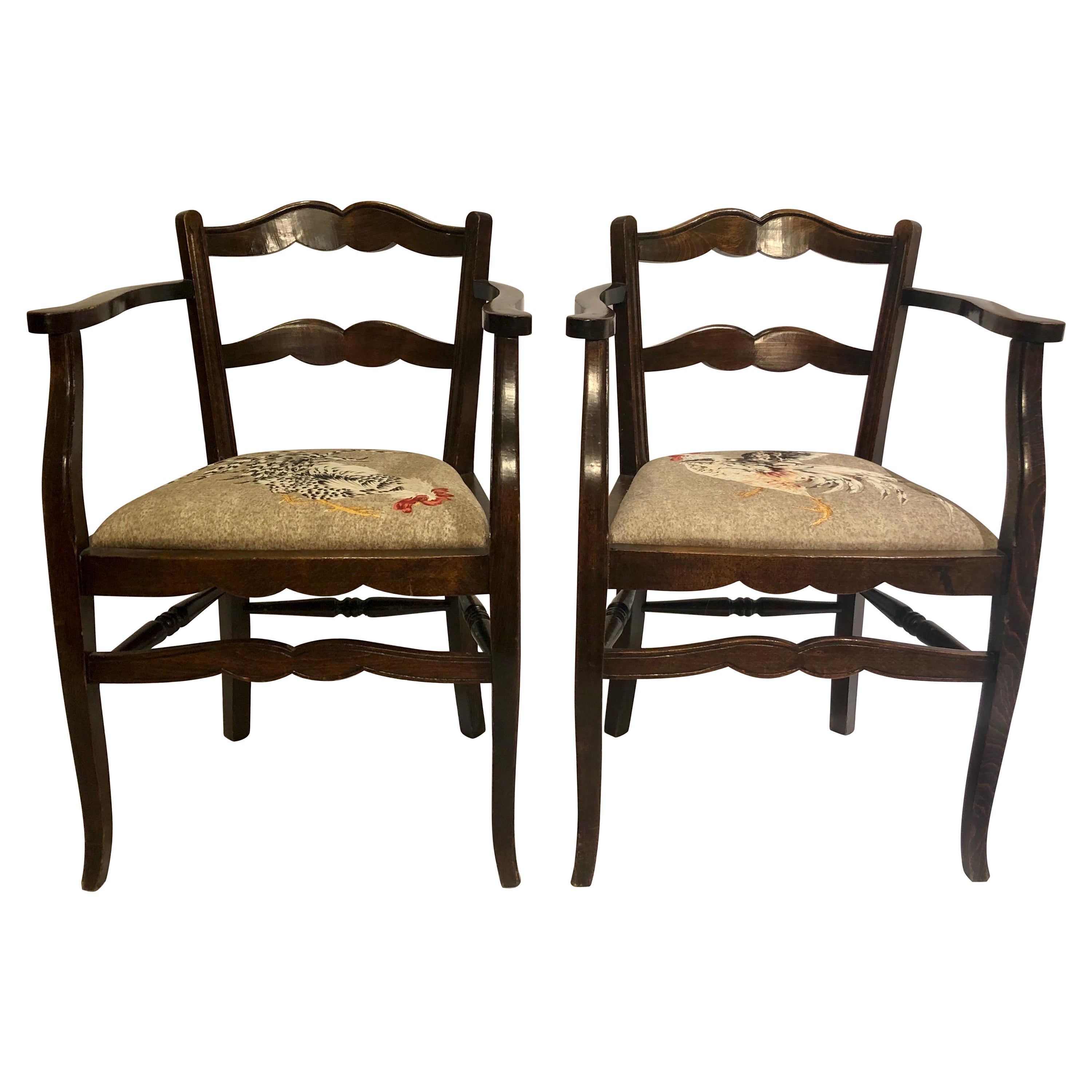 Pair Antique 19th Century French Country Armchairs, Rooster Upholstery, Ca 1890 For Sale