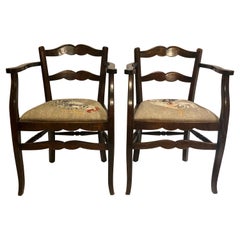 Pair Antique 19th Century French Country Armchairs, Rooster Upholstery, Ca 1890