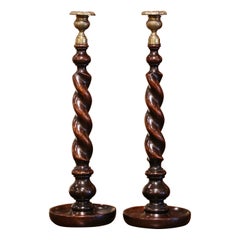 Pair of 1920's English Carved Oak Barley Twist Candlesticks with Bronze Finials