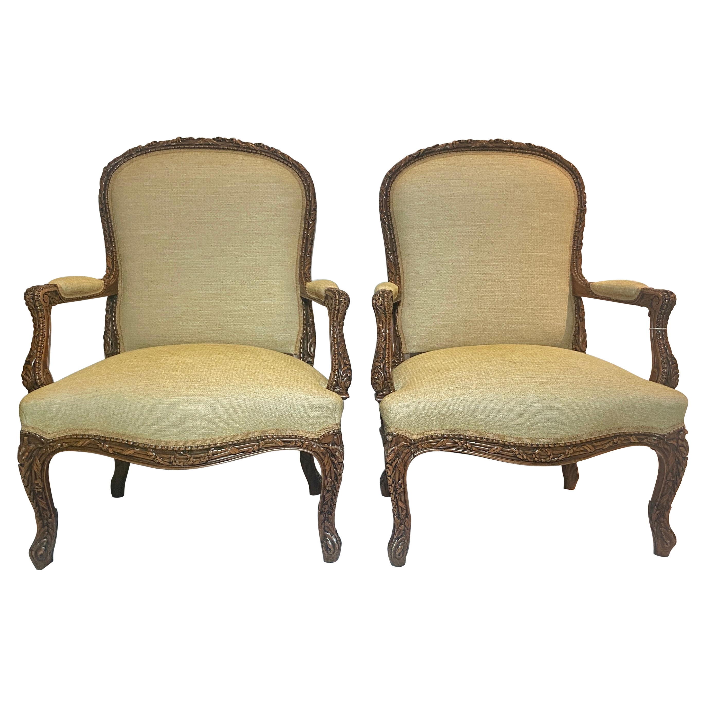 Pair Antique 19th Century French Carved Arm Chairs, Yellow Upholstery, Ca. 1890 For Sale