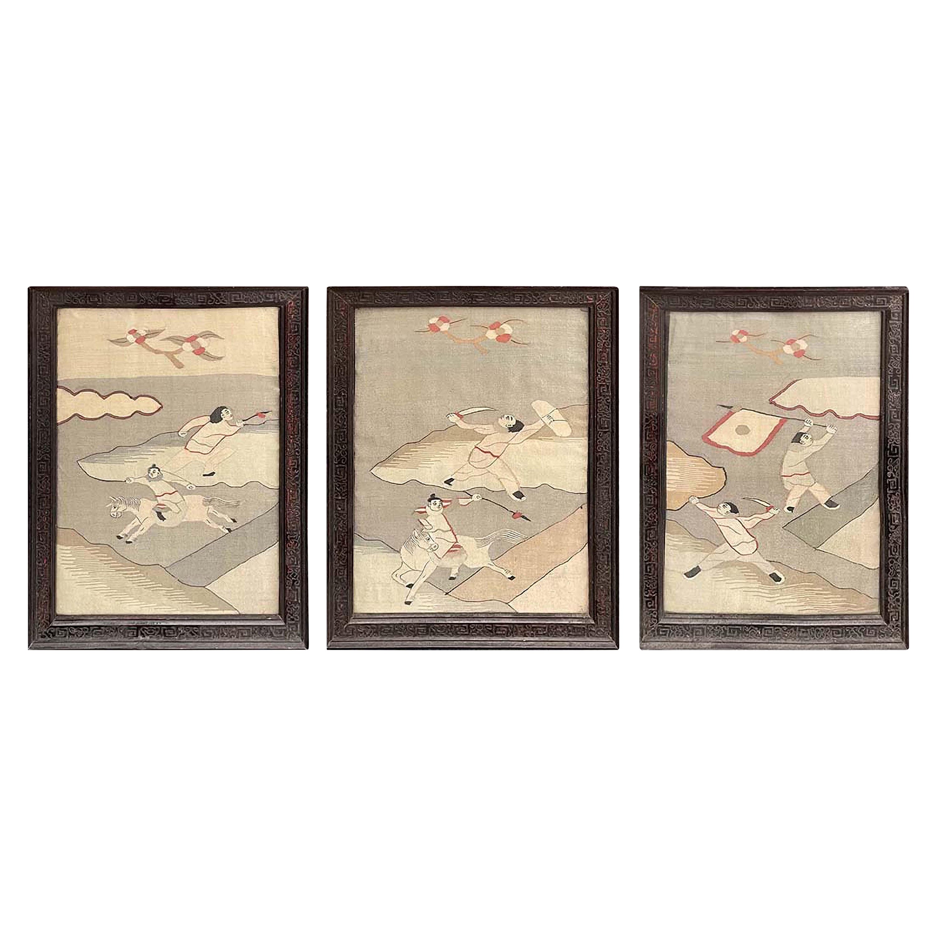 Ensemble de 3 textiles Kesi chinois encadrés du 19ème siècle ( 1'' x 1''3 - 30 x 38 )