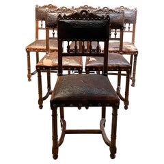Exquisitely Carved French Oak Embossed Leather Lion Dining Chairs 1880s Henry II