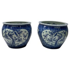 Vintage Large Pair of Chinese Blue and White Planters