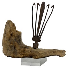 Scandinavian Antique Eel Fork Sculpture Driftwood Mounted Base, 18th Century