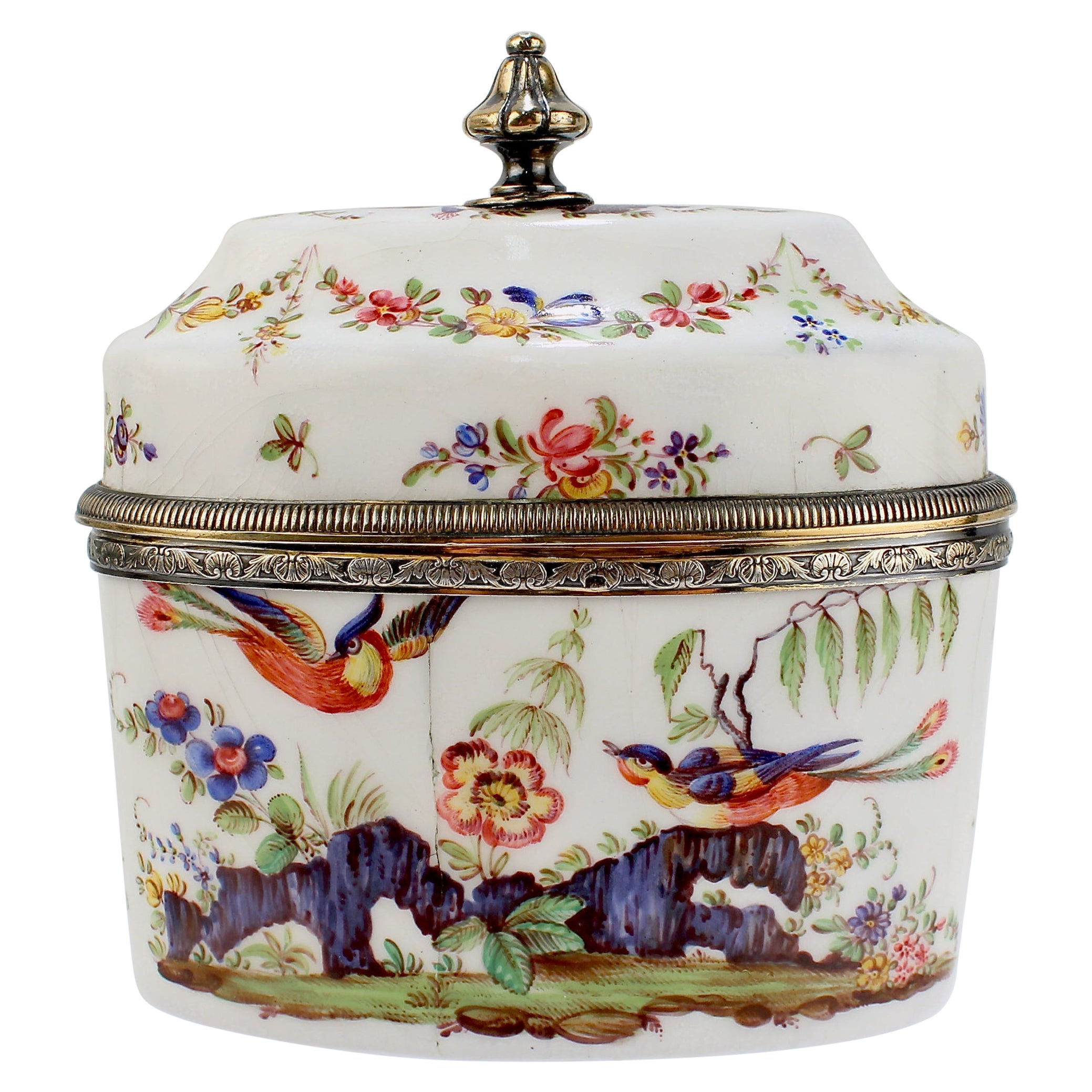 Ancienne boîte à thé française Beaux-Arts du 19ème siècle en émail montée sur argent par Risler