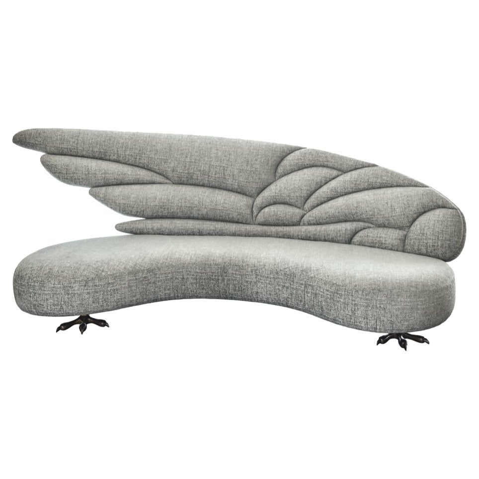 Zeus winged sofa, three seat
Signed piece by Emilie Lemardeley, 2020. Limited edition of 8
Handmade in France. 
Beech tree, foam and glant fabric (linen and cotton).

Measures: Length: 110 in
Depth: 57 in
Height: 39.37 in (seat: 16 in).

  