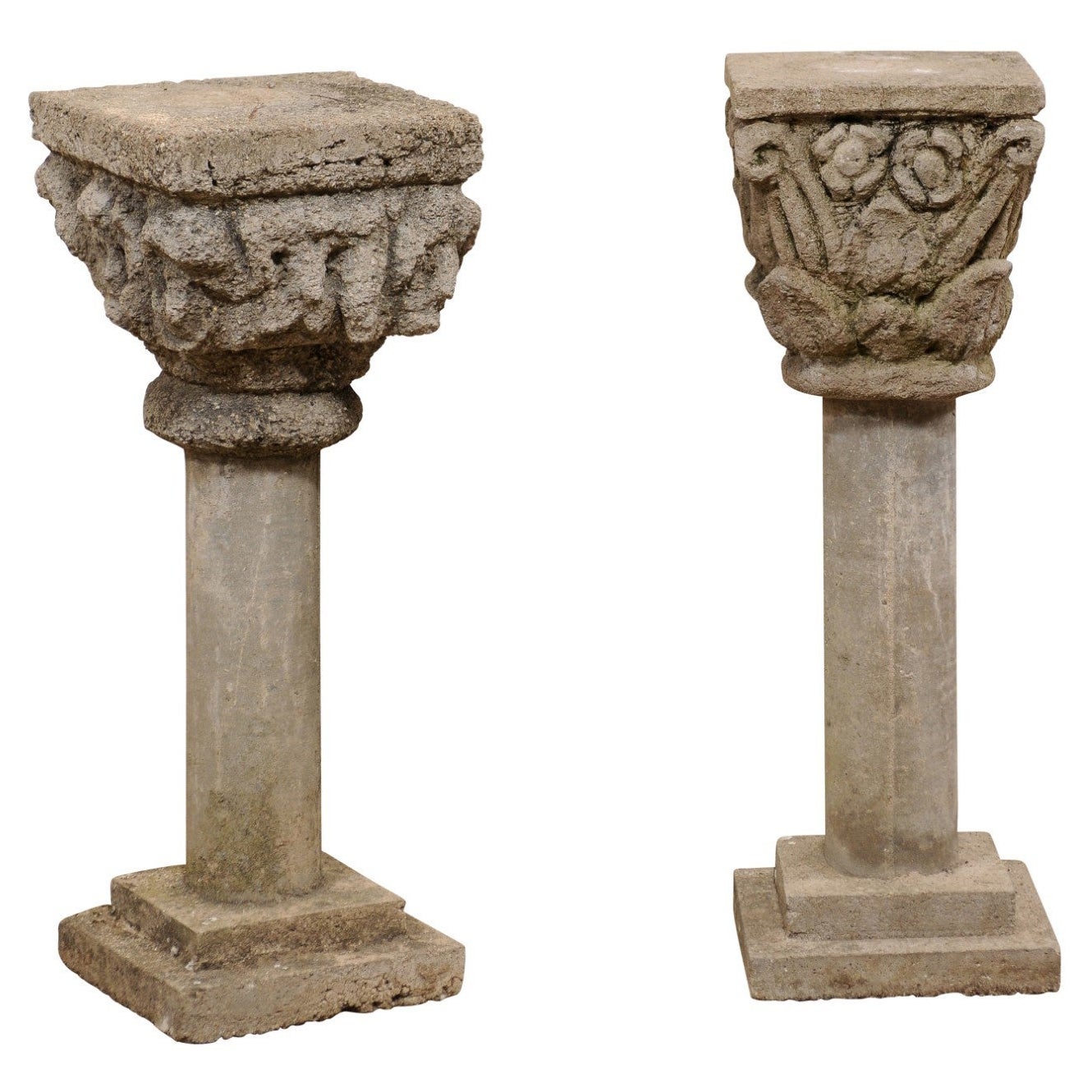 Beautiful Mismatched Spanish Pair of Garden Pedestals, 3 Feet Tall For Sale
