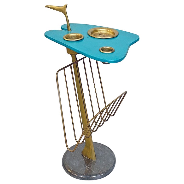 Italian Mid-Century Modern Aqua Green Magazine Rack with Brass Detail, 1980s