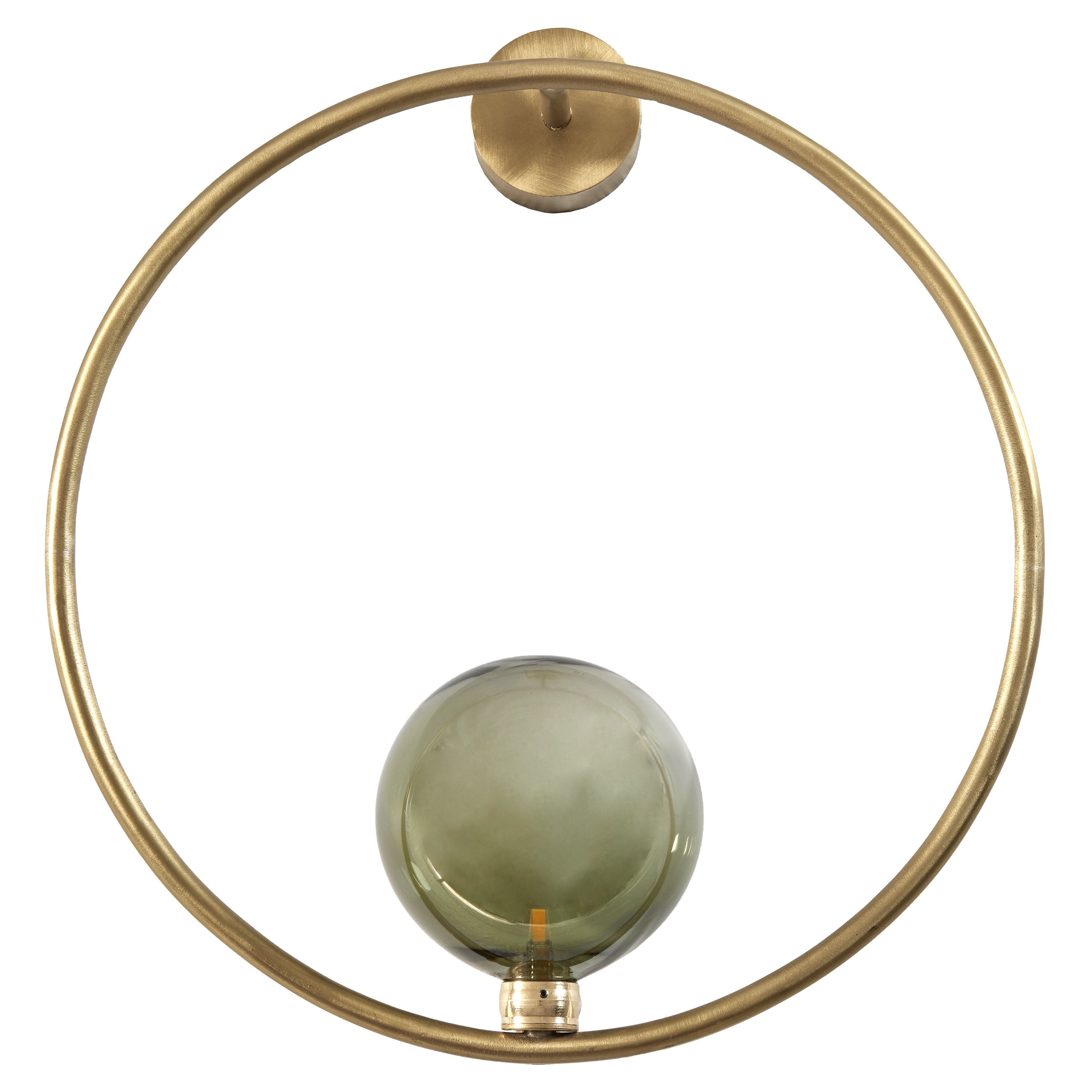 Wall lamp in brushed brass and hand blown glass
by Emilie Lemardeley, 21st century, handmade in France. 

Measures: Height: 15 in 
Width: 15 in
Deep: 7.48 in
Weight: around 1 kilo

Bulb: Led, G4, 5W, 12V
Current driver inside the lamp
CE marking.