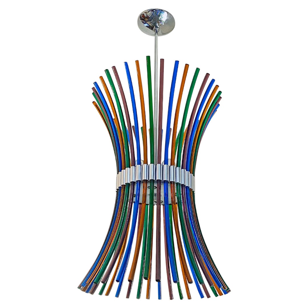 Italian Mid-Century Modern Multicolored Murano Chandelier with Curved Rods 1970s For Sale