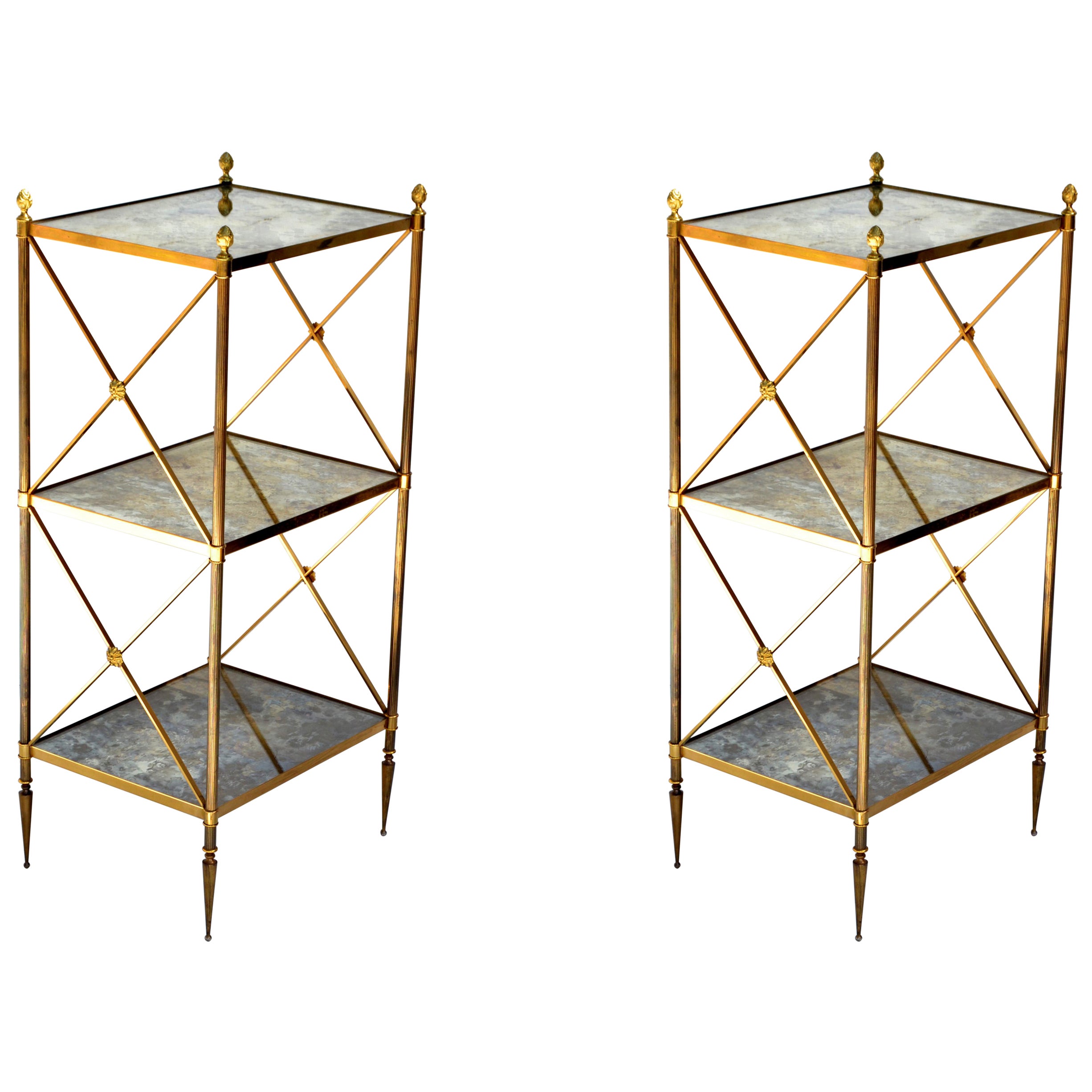 Pair of Maison Baguès French  3 Tier Cloudy Glass Brass Side Table 50s