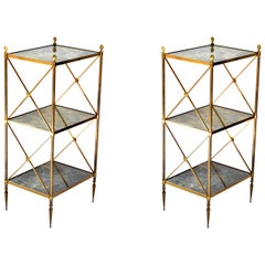Pair of Maison Baguès French  3 Tier Cloudy Glass Brass Side Table 50s