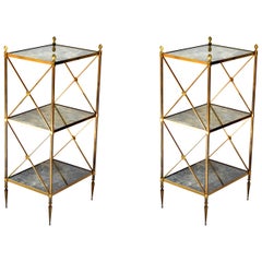 Retro Pair of Maison Baguès French  3 Tier Cloudy Glass Brass Side Table 50s