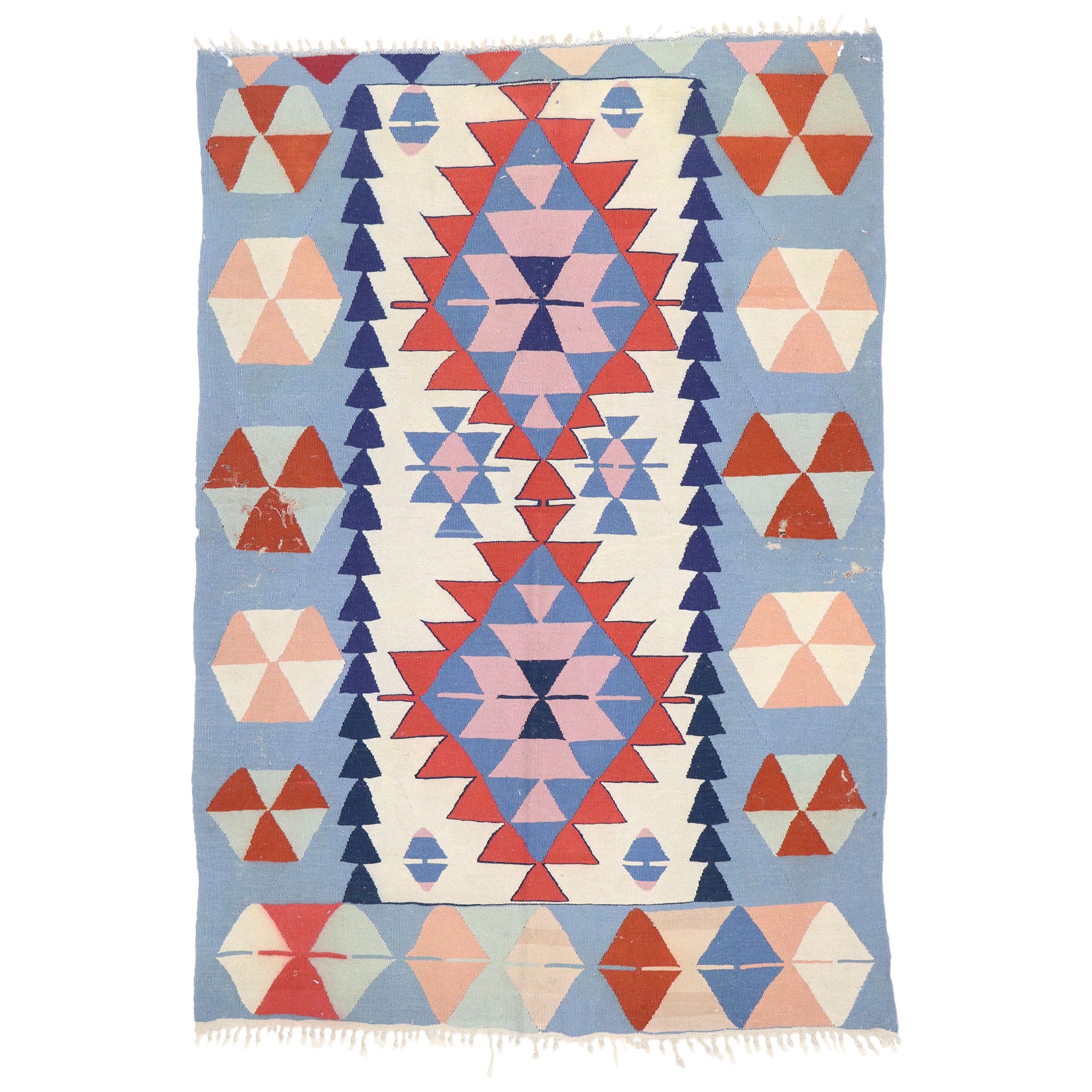 Alfombra Kilim Vintage Persa Shiraz de Estilo Tribal Bohemio Desgastada