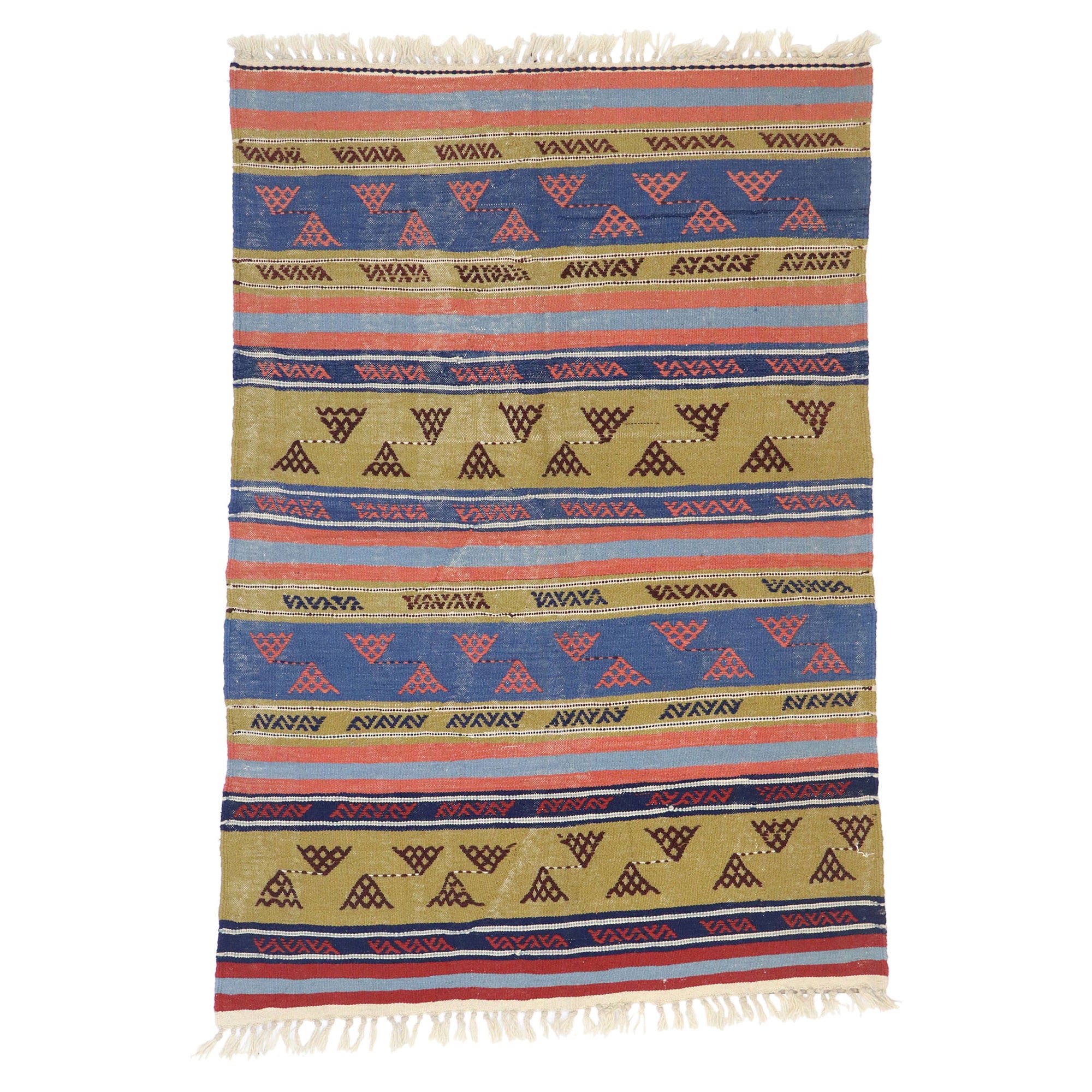 Distressed Vintage Persian Shiraz Kilim Rug with Rustic Tribal Style For Sale