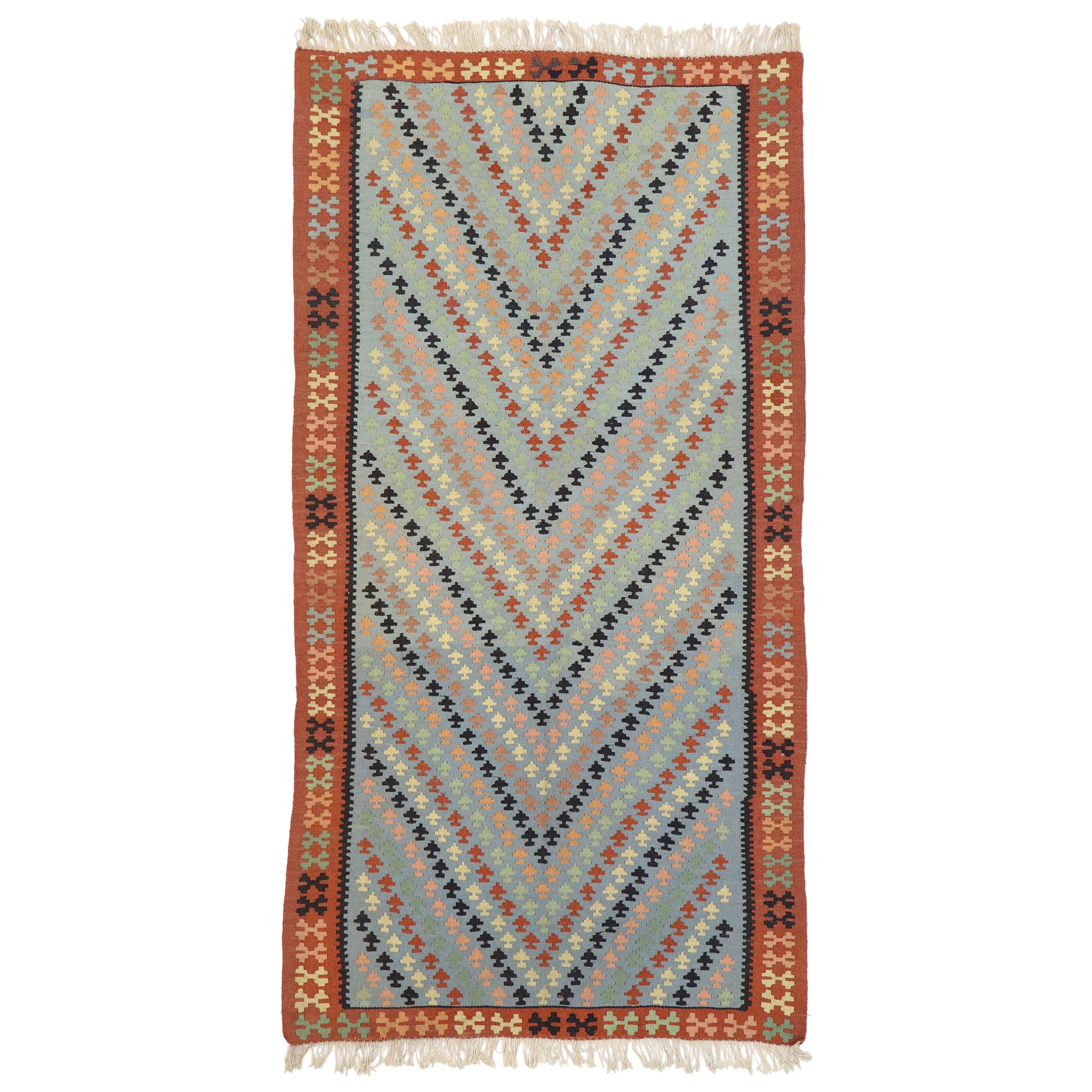 Vintage Persian Shiraz Kilim Rug, Luxury Lodge Meets Southwest Boho Style For Sale