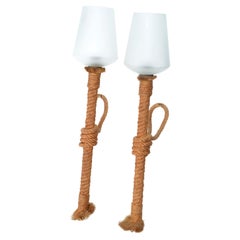 Audoux and Minet Nautical Rope Sconce Frosted Glass Shades France, 1960, Pair