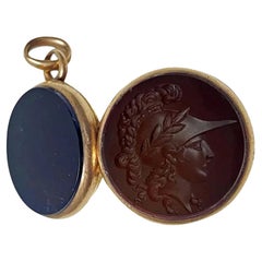 Antique 14k Gold Double Sided Hardstone Locket Seal Fob, C.1880