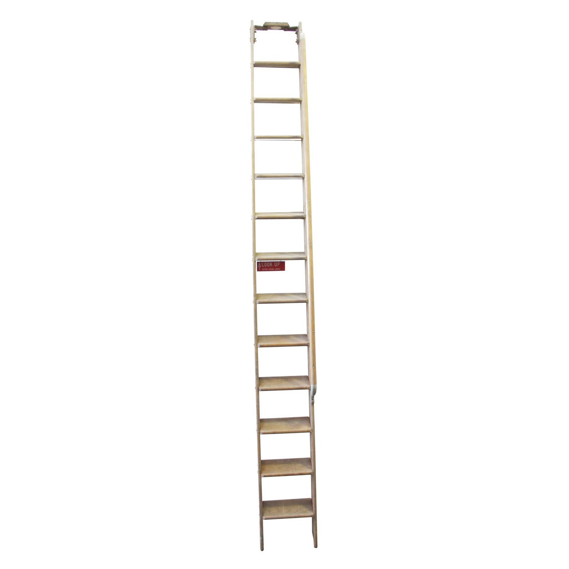Solid Oak Wood Library Ladder with Wood Handrail