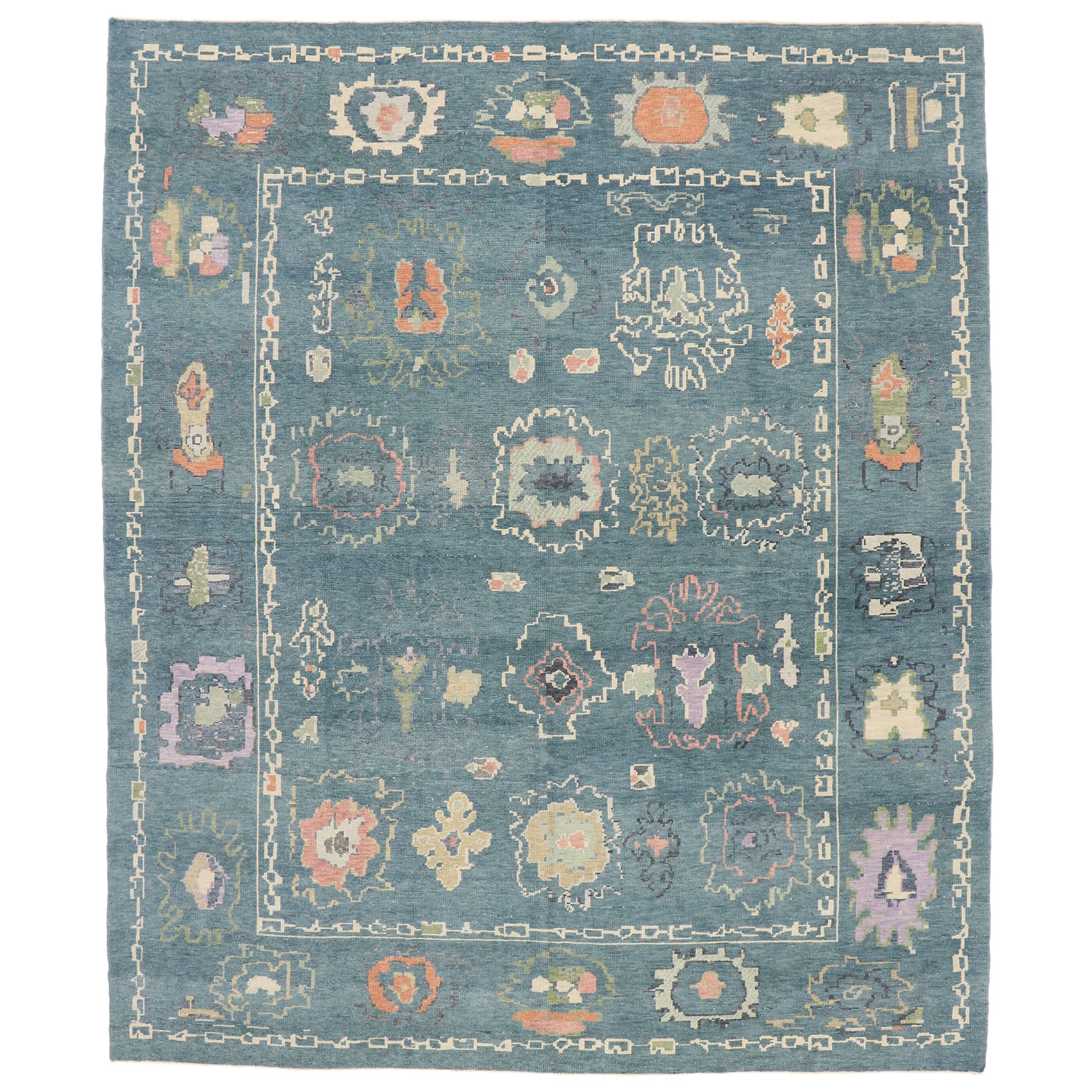 New Colorful Teal Contemporary Turkish Oushak Rug with Modern Style For Sale