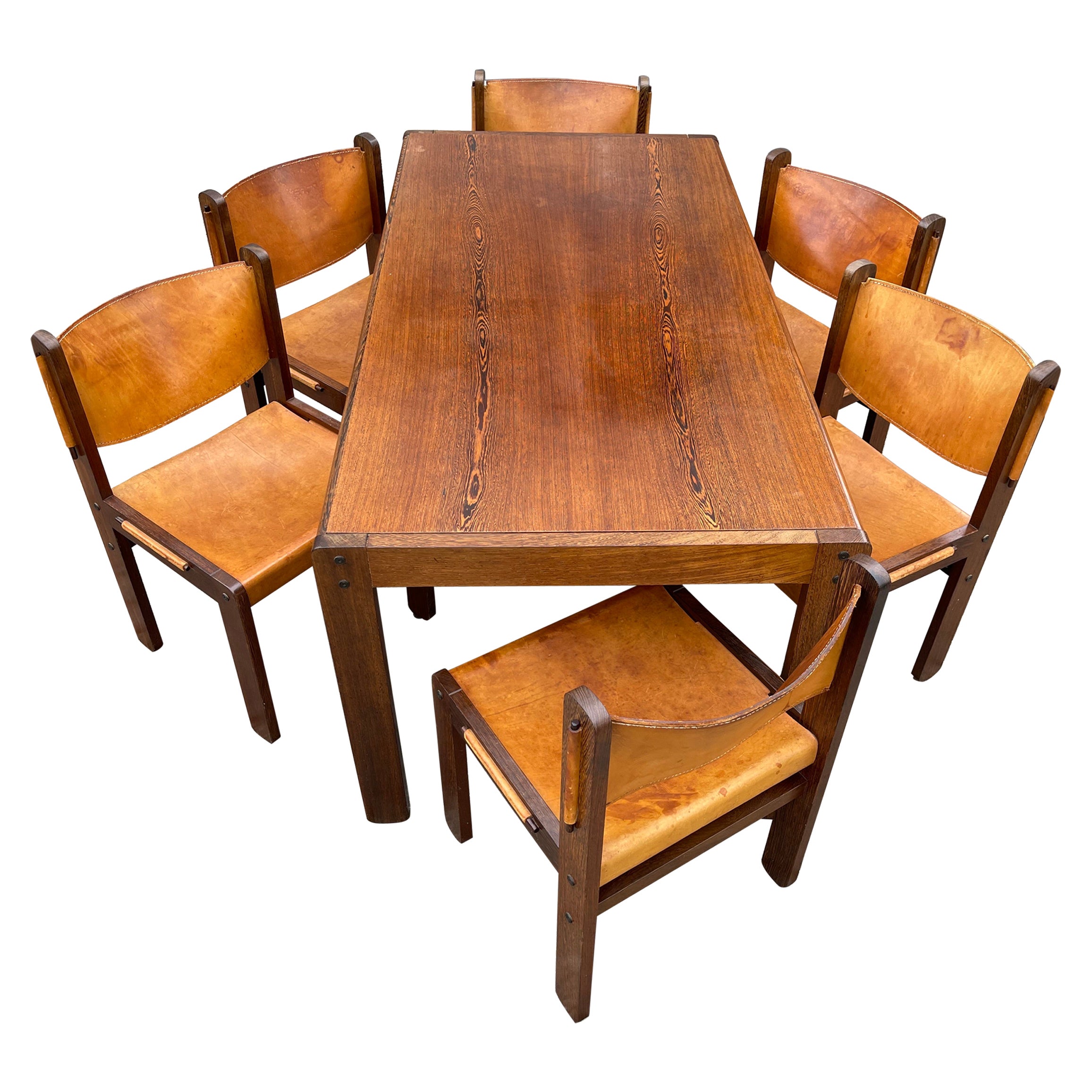 Stunning Midcentury Modern Wengé & Leather Dining Table Set with 6 Chairs, 1970s