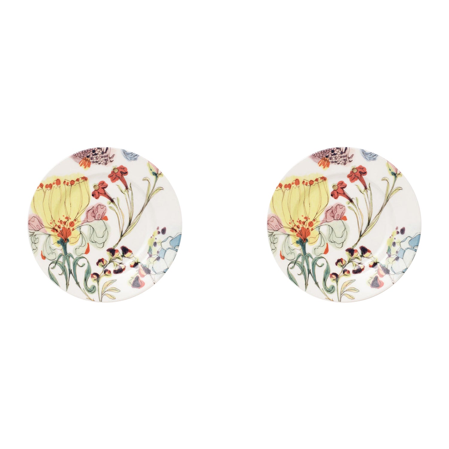 The Grandma's Garden, Contemporary Porcelain Bread Plates Set with Floral Design