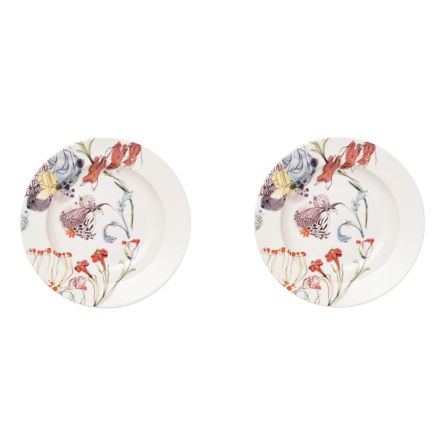 Grandma's Garden, Contemporary Porcelain Pasta Plates Set with Floral Design For Sale