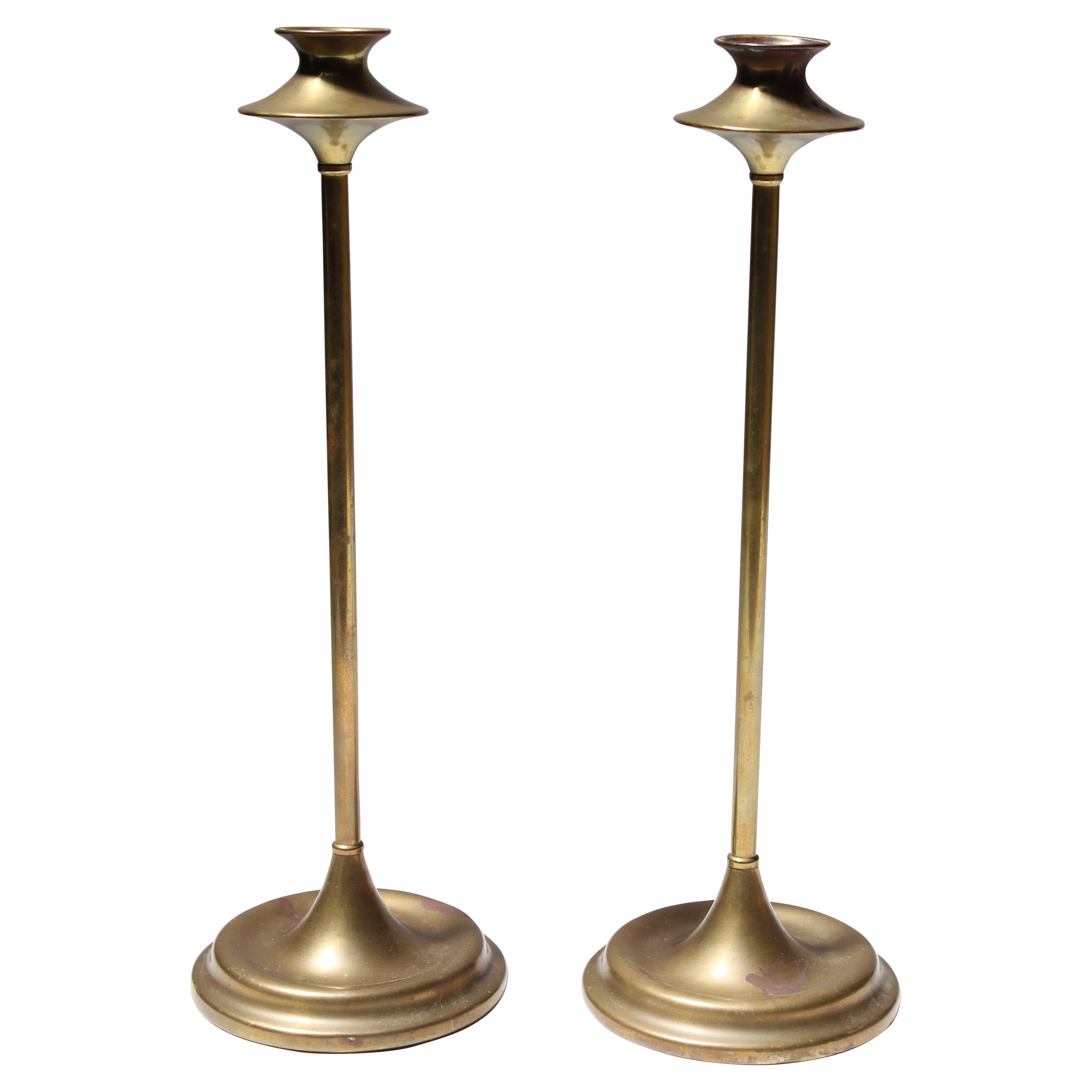 Pair of Art & Crafts Turned Brass Candlesticks after Jarvie For Sale