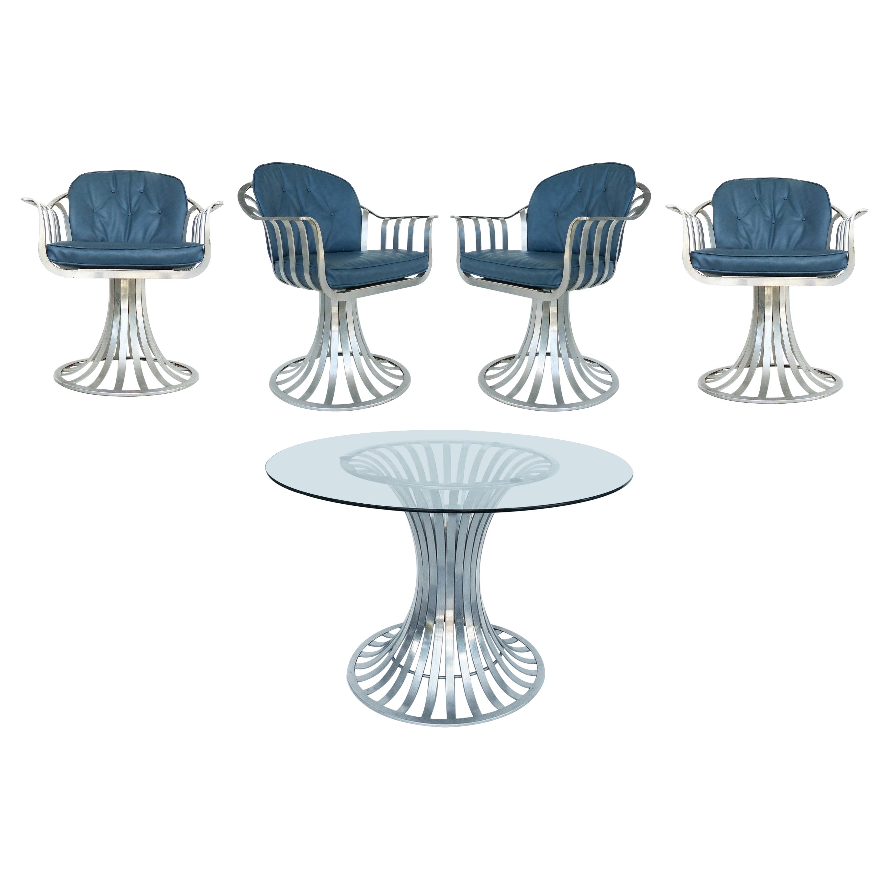 Table Russell Woodard en aluminium mi-siècle, 4 chaises et coussins
