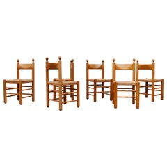 Ensemble de 6 chaises de salle à manger trône en jonc et chêne de style Vico Magistretti