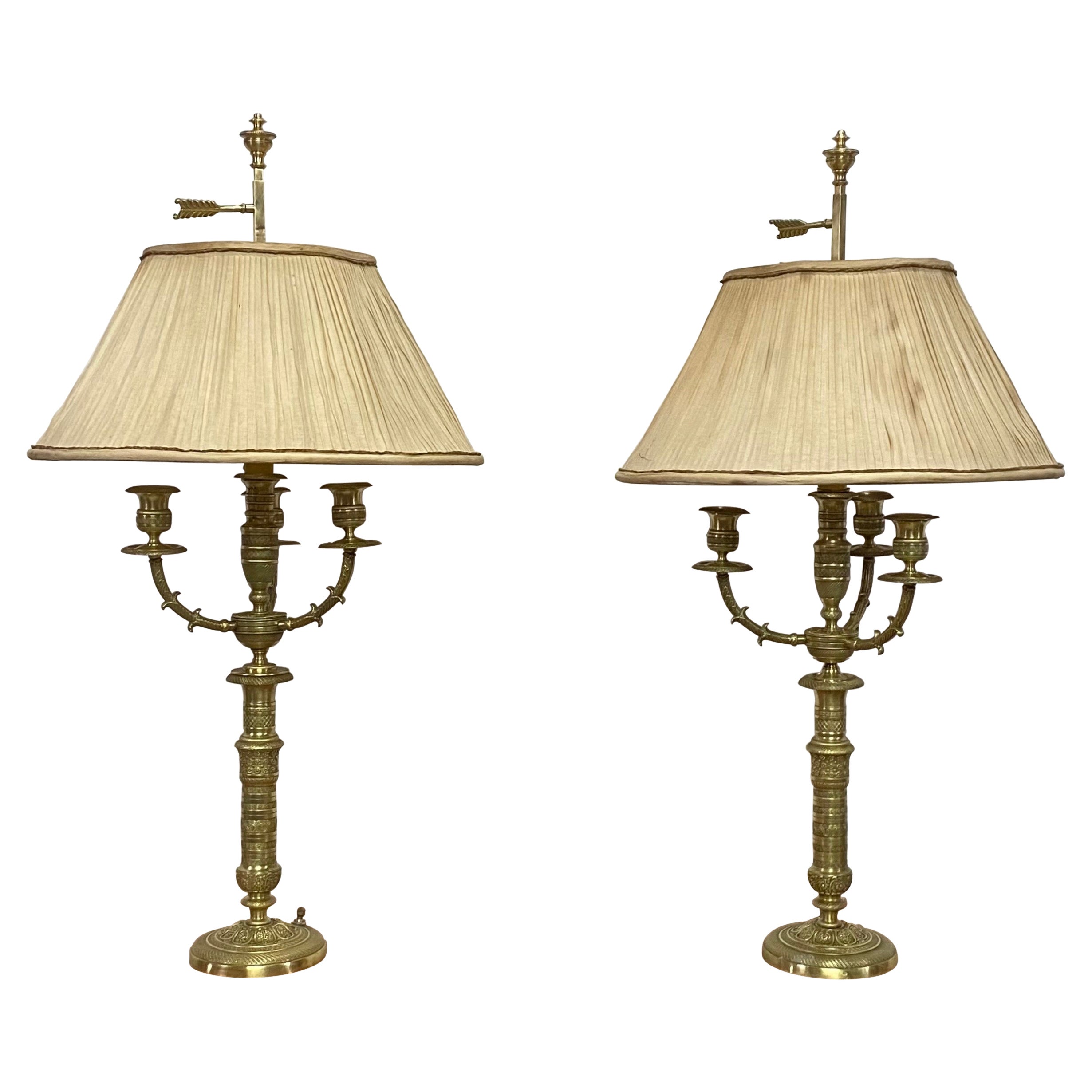 Pair of French Empire Brass Candelabra Lamps, 19th Century