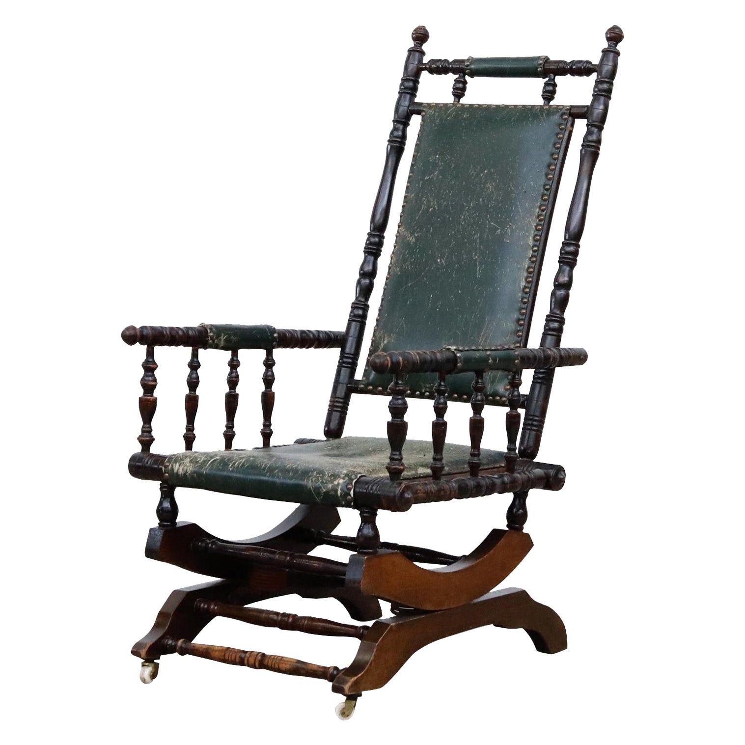 Hindeloopen Style Spindled Rocking Chair with Studded Emerald Green Leather Seat