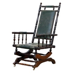 Hindeloopen Style Spindled Rocking Chair with Studded Emerald Green Leather Seat