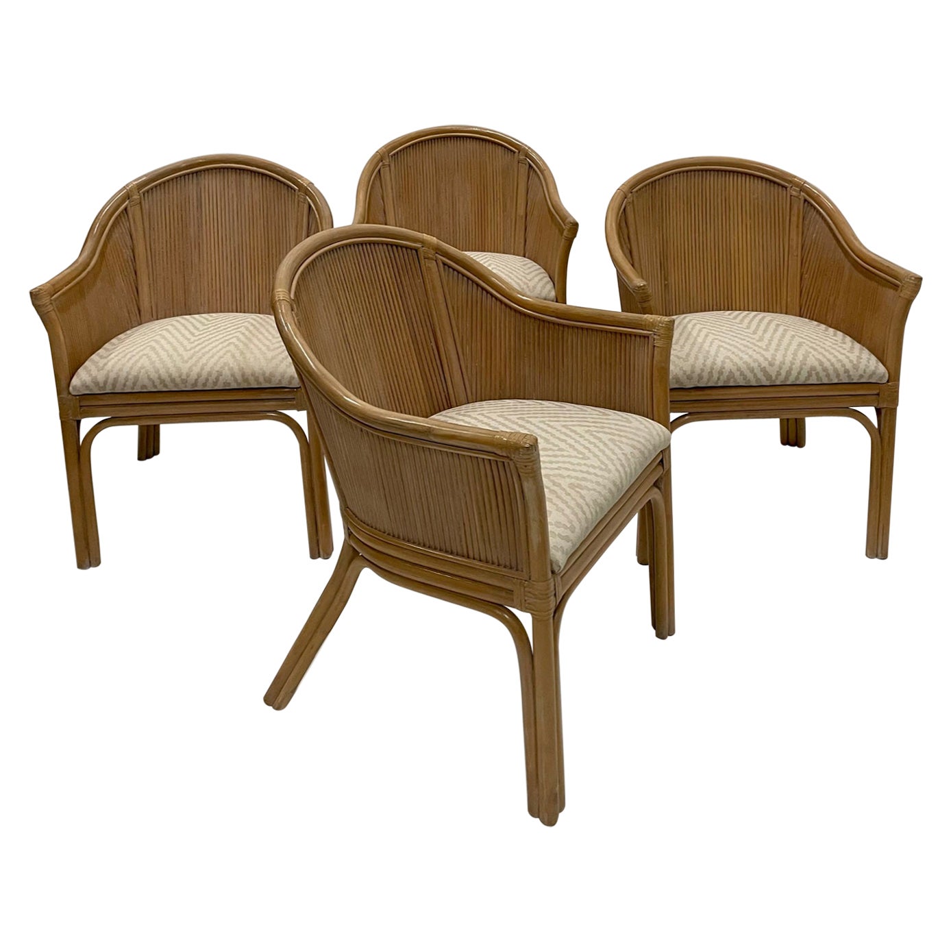 East Hamptonish Set of 4 McGuire Rattan Bamboo & Upholstered Curvy Armchairs