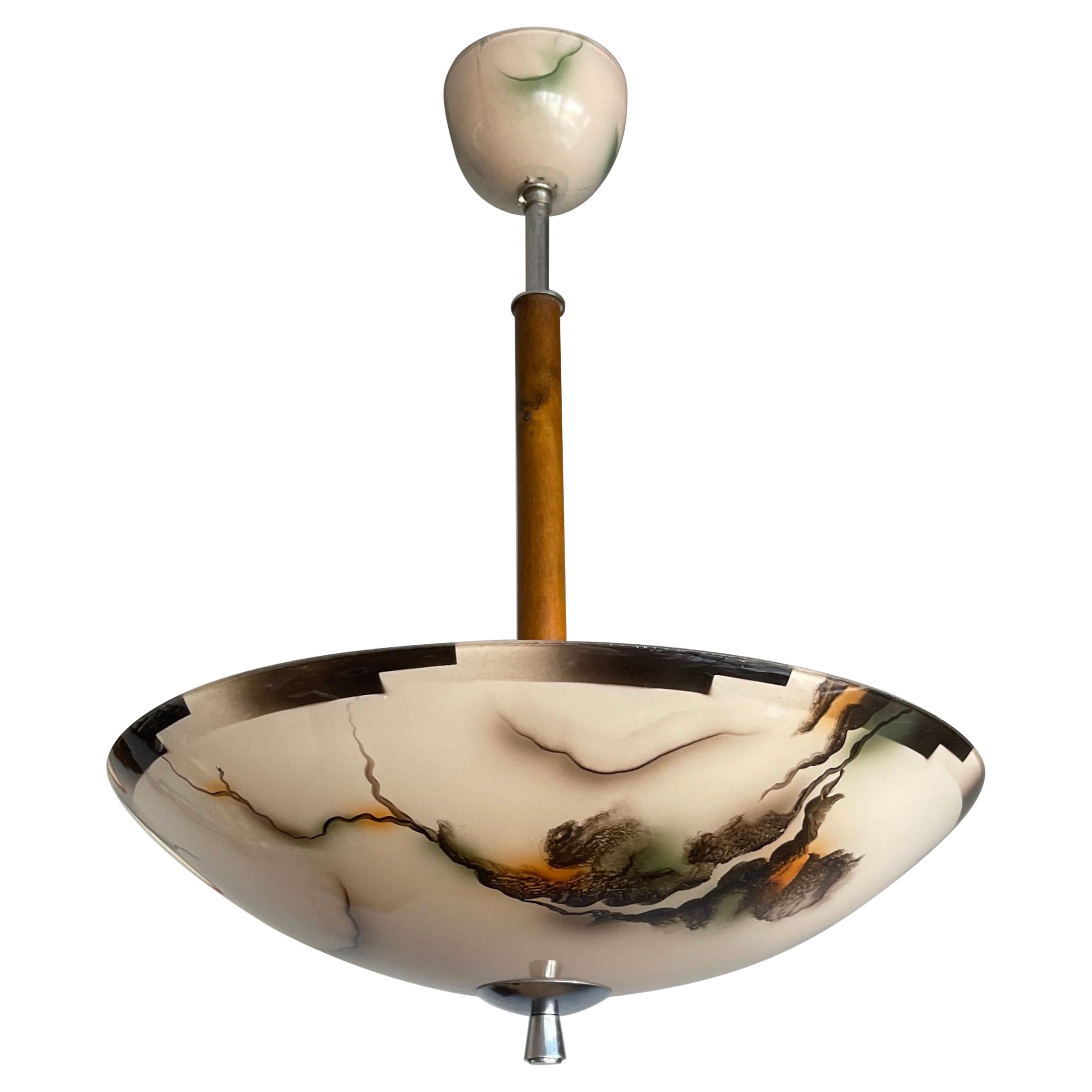 Pure Art Deco Glass, Chrome and Wood Pendant Light w. Marble Pattern, 1930