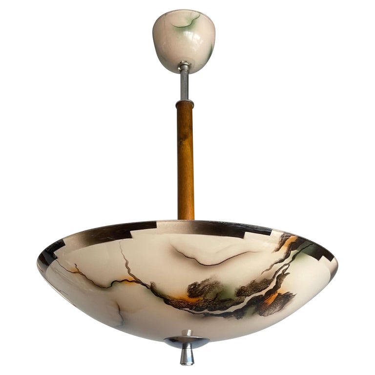 Pure Art Deco Glass, Chrome and Wood Pendant Light w. Marble Pattern