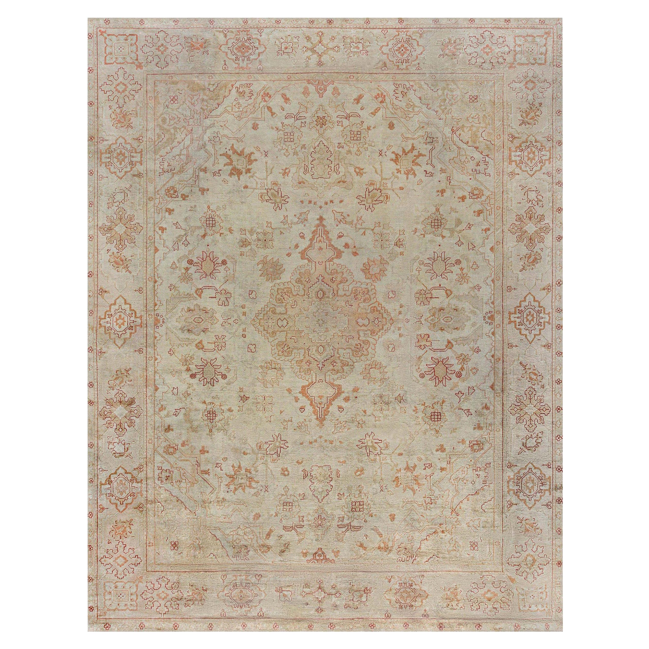 Early 20th Century Turkish Oushak Hand Knotted Rug For Sale