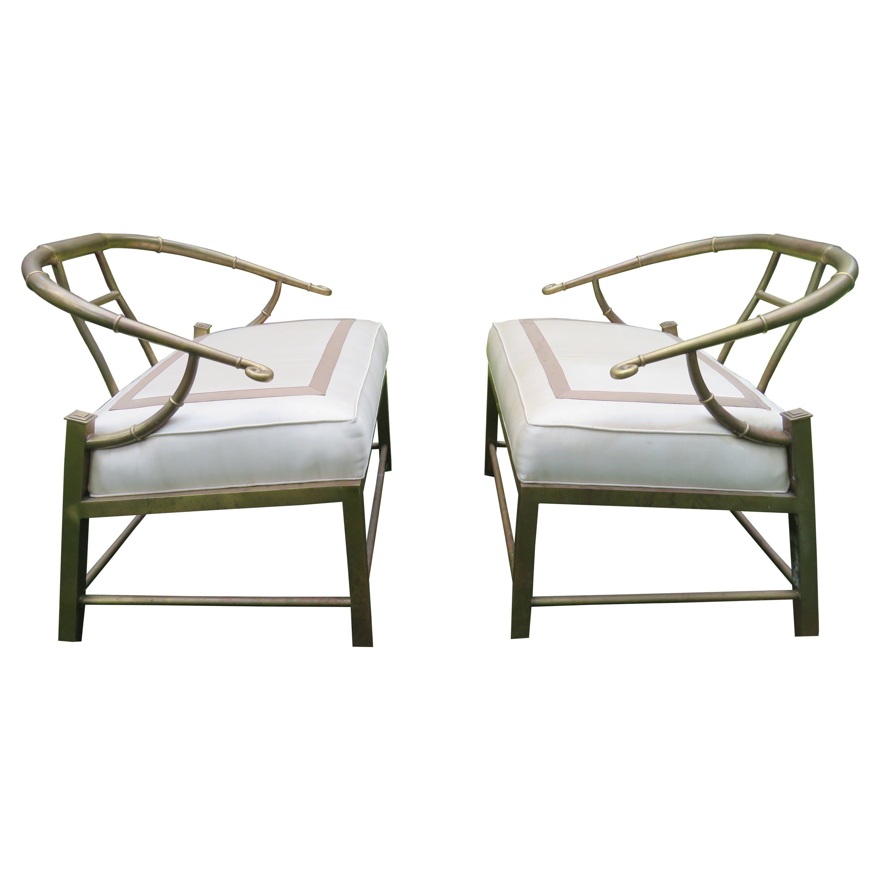 Pair Mastercraft Asian Inspired Faux Bamboo Brass Lounge Chairs, Mid-Century For Sale