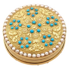 Antique Yellow Gold Pearl and Turquoise Pill Box Circa 1815
