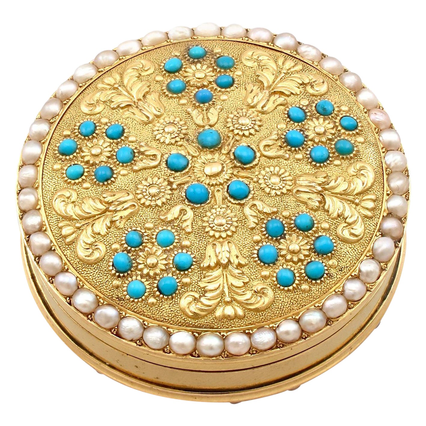 Antique 1815 Yellow Gold Pearl and Turquoise Pill Box For Sale