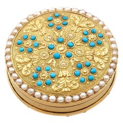 Retro 1815 Yellow Gold Pearl and Turquoise Pill Box