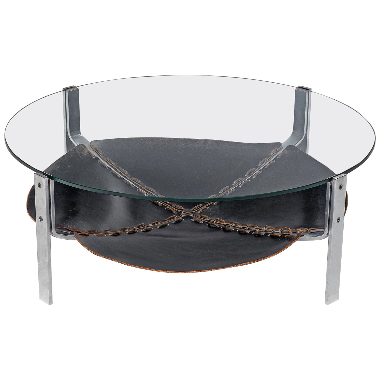 Dutch Round Coffee Table in Black Leather and Steel