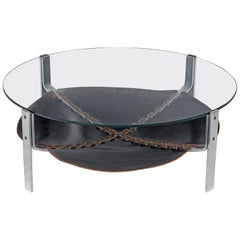 Dutch Round Coffee Table in Dark Brown Leather and Steel