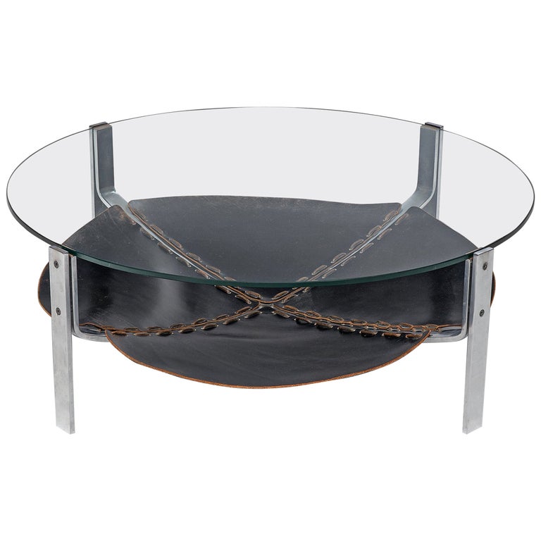 Dutch Round Coffee Table in Dark Brown Leather and Steel For Sale